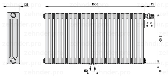 Схема (чертеж) Радиатор Zehnder Charleston 4110/23 №V008 Белый глянцевый RAL 9016